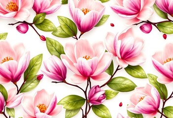 Elegant magnolia blossom repeat pattern on white background, vintage, background