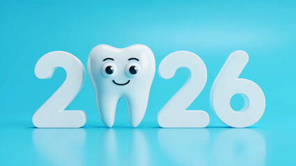 2026 cute smiling tooth with white numbers on blue background, dental cartoon illustration, pediatric dentist artwork, happy new year dentistry design, dental care celebration image for 2026 holidays