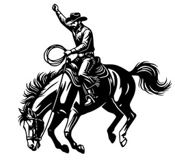 Rodeo Cowboy Riding Bucking Horse with Lasso and Raised Arm, cowboy, rodeo, horse, western, action