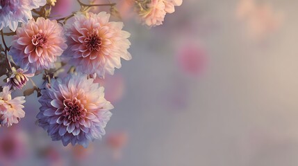 Dreamy pastel floral composition featuring delicate pink and purple blossoms with a soft focus background, evoking tranquility and natural beauty, perfect for elegant designs and serene aesthetics