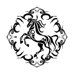 Fototapeta premium A complex black and white line drawing features a leaping horse as the central motif,