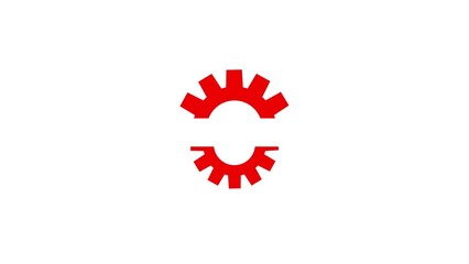 Two stylized red gears facing each other on a white background symbolizing connection and teamwork