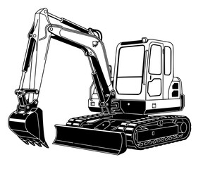 Mini Excavator or Digger Construction Machine Outline Illustration, excavator, construction, machine, digger, heavy