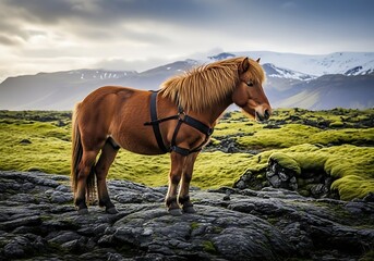 Majestic Icelandic Horse Standing Proudly in Rugged Landscape, Perfect for Adventure and Travel Marketing