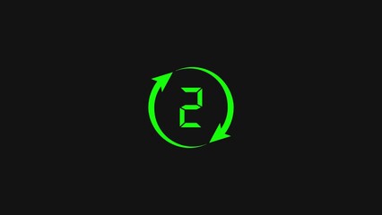 Digital countdown timer with glowing green number two and circular arrow motion graphic