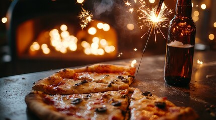 Delicious pizza slices paired with a beer bottle and sparkling fireworks for a festive celebration