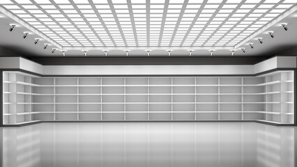 Store interior with empty shelves along the walls and LED spotlights ceiling. 3d illustration