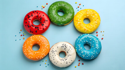 Fototapeta premium Colorful assortment of seven delicious donuts arranged in a circle festive treat