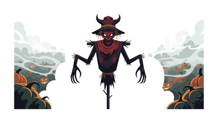 Spooky Scarecrow: A menacing scarecrow stands guard amidst a haunting landscape, surrounded by glowing pumpkins and ominous fog, perfect for Halloween.