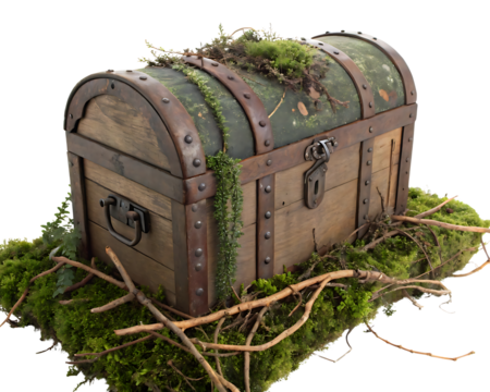 Mysterious wooden treasure chest adorned with moss and foliage evoking tales of hidden riches and enchanted forests
