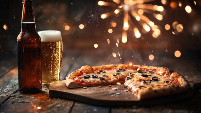 Savor a delicious pizza slice alongside a refreshing beer bottle with vibrant firework bokeh - Powered by Adobe