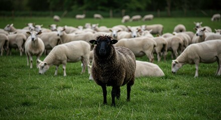 Obraz premium A compelling image of a black sheep standing out amidst a flock of white sheep in a green field