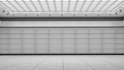 Outline drawing of store interior with empty shelves along the walls and LED spotlights ceiling. 3d illustration