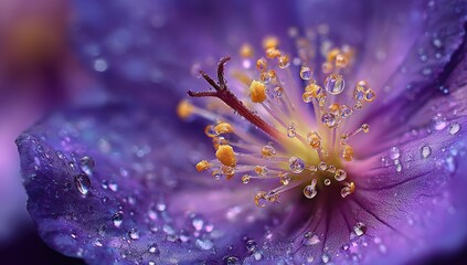 Purple flower covered in dewdrops, macro close-up