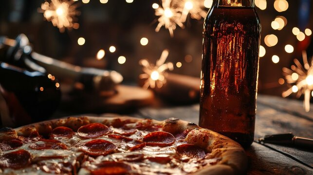 Delicious pizza slice and beer bottle surrounded by colorful firework bokeh lights