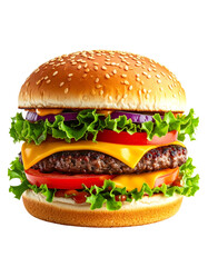 A towering, delicious hamburger featuring multiple layers on a dark backdrop