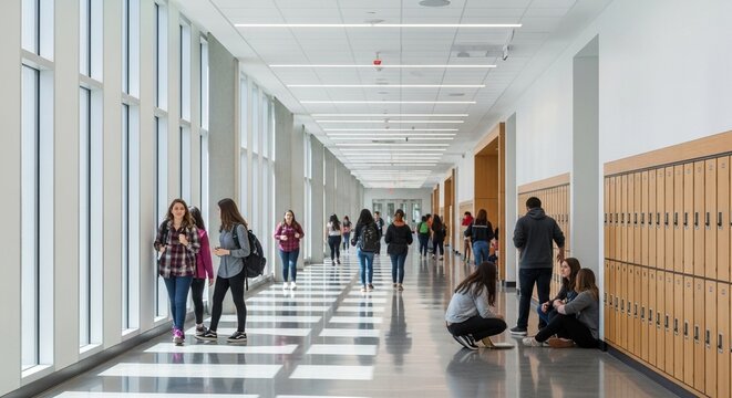 Bright School Hallway with Large Windows and Student Social Interaction