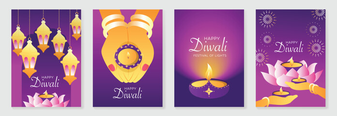 Happy Diwali light festival poster vector set. Diwali festival wallpaper design with colorful lantern, floating lights, firework. Culture Illustration design for celebration, greeting, card, ads.