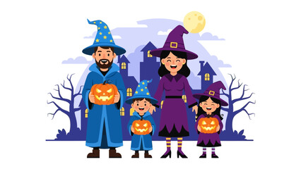 Halloween Family Portrait: A whimsical illustration of a family dressed in Halloween costumes. The mother, father, and children stand proudly holding illuminated jack-o-lanterns.