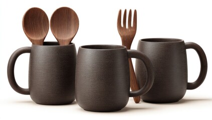 Dark brown mugs and wooden utensils