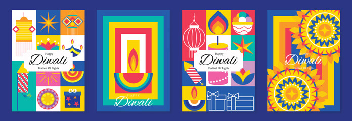 Happy Diwali light festival poster vector set. Diwali festival wallpaper design with lantern, floating lights, firework. Modern illustration design for celebration, greeting, card, ads.