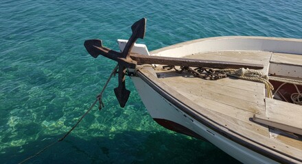 A rustic fishing boat with anchor resting in crystal clear turquoise waters with a maritime charm