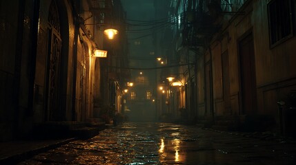 An atmospheric, dimly lit, cobblestone alleyway at night, with wet pavement reflecting the faint glow of distant streetlights, evoking a sense of mystery and urban solitude