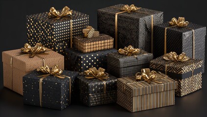 Luxury black gift boxes with golden ribbons and elegant patterns including stripes, dots, and geometric designs