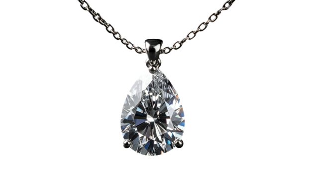 Sparkling pear-shaped diamond pendant necklace on black background