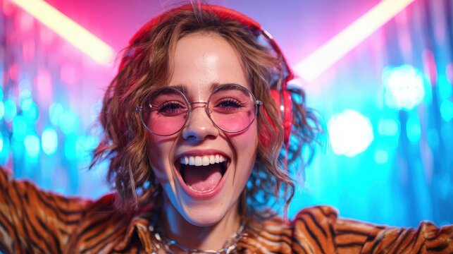 A joyful young woman wearing stylish headphones and pink sunglasses smiles brightly, capturing the vibrant essence of music and youthful exuberance in a colorful backdrop.