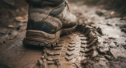 Hiking Boot in Muddy Terrain Exploring the Great Outdoors Adventure and Footwear for Outdoor Activities with Natural Mud Background