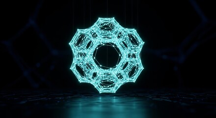 Abstract Networked Polygon Structure: A mesmerizing, low-poly, connected polygon design glows with an ethereal neon light, representing the complex, interconnected world of technology and science.