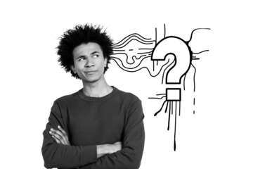 Creative collage picture young man folded hands think decide find solution answer question why brainstorming drawing background