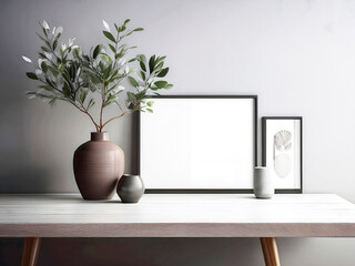 Mockup: Empty Black Frames with Greenery in Earth-Tone Vases on a White Wooden Table