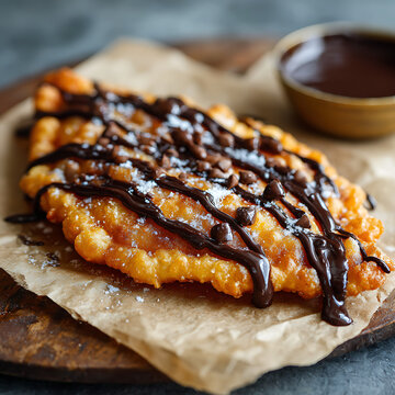 A fried beaver tail pastry drizzled with chocolate on a parchment paper.