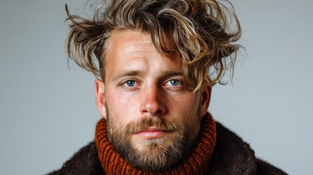 A striking portrait of a thoughtful man with tousled hair and a beard, highlighting his expressive blue eyes and showcasing casual, stylish attire against a neutral background.