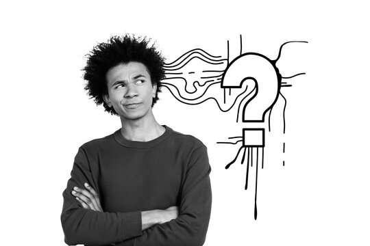 Creative collage picture young man folded hands think decide find solution answer question why brainstorming drawing background