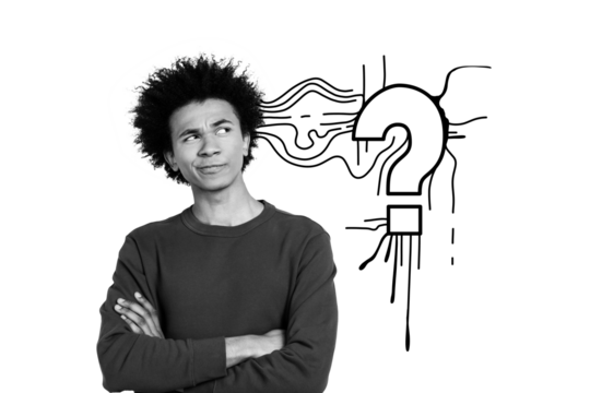 Creative collage picture young man folded hands think decide find solution answer question why brainstorming drawing background