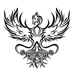 Fototapeta premium A black and white tattoo design featuring a symmetrical bird with large wings symbolizing freedom and power,