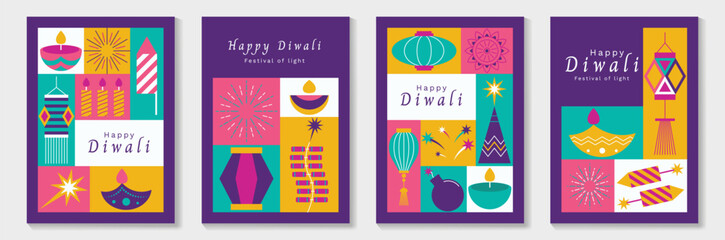 Fototapeta na wymiar Happy Diwali light festival poster vector set. Diwali festival wallpaper design with lantern, floating lights, firework. Modern illustration design for celebration, greeting, card, ads.
