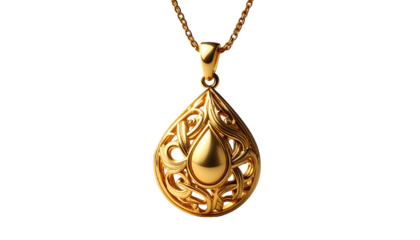 Ornate gold pendant with a teardrop design on black backdrop