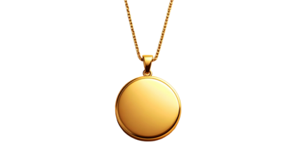 Shiny gold pendant necklace with round design, isolated on black background