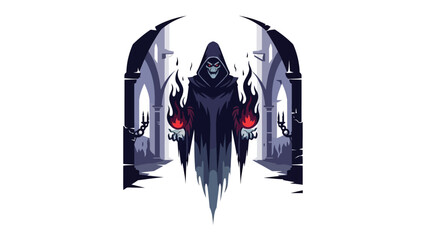 Mystical Phantom: An ominous spectral figure with flames emitting from hands, clad in a shadowy cloak, floats hauntingly, symbolizing mystery and the unknown.