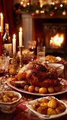 Holiday Feast With Roasted Turkey and Festive Decor by the Warm Fireplace