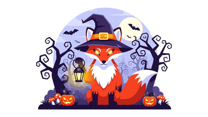 Halloween Fox with Lantern: A captivating illustration features a sly fox adorned in a witch's hat, bearing a lantern amidst a spooky night scene, creating an inviting festive ambiance.