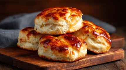 Delicious homemade flaky biscuits piled high on a wooden board, showcasing their golden-brown crusts and soft, buttery interiors perfect for any meal or occasion.