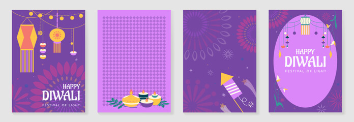 Happy Diwali light festival poster vector set. Diwali festival wallpaper design with colorful lantern, floating lights, firework. Culture Illustration design for celebration, greeting, card, ads.