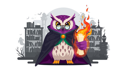 Wise Owl with a Mystical Flame: An illustration of an owl figure, spectacles and a cloak, holding a mystical flame, standing amidst gothic library with bookshelves and spooky elements.