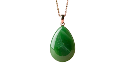 Green teardrop pendant on a rose gold chain, dark background