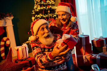 Joyful retired couple celebrate Christmas night indoors with Santa hats giving gifts beside a...